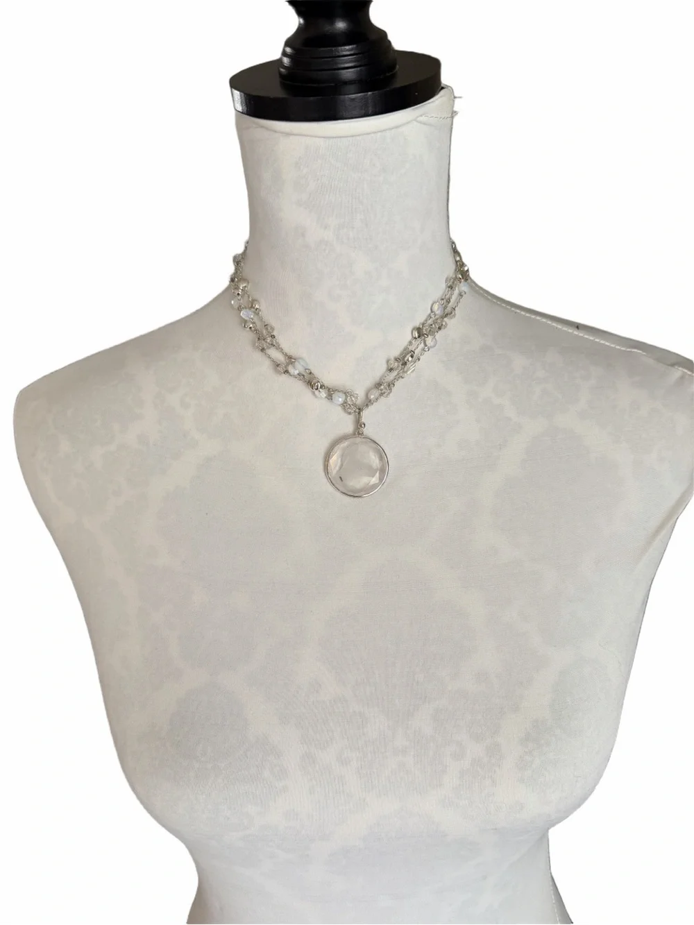 Silver Tone Layered Necklace with White and Opalite Beads and Glass Pendant